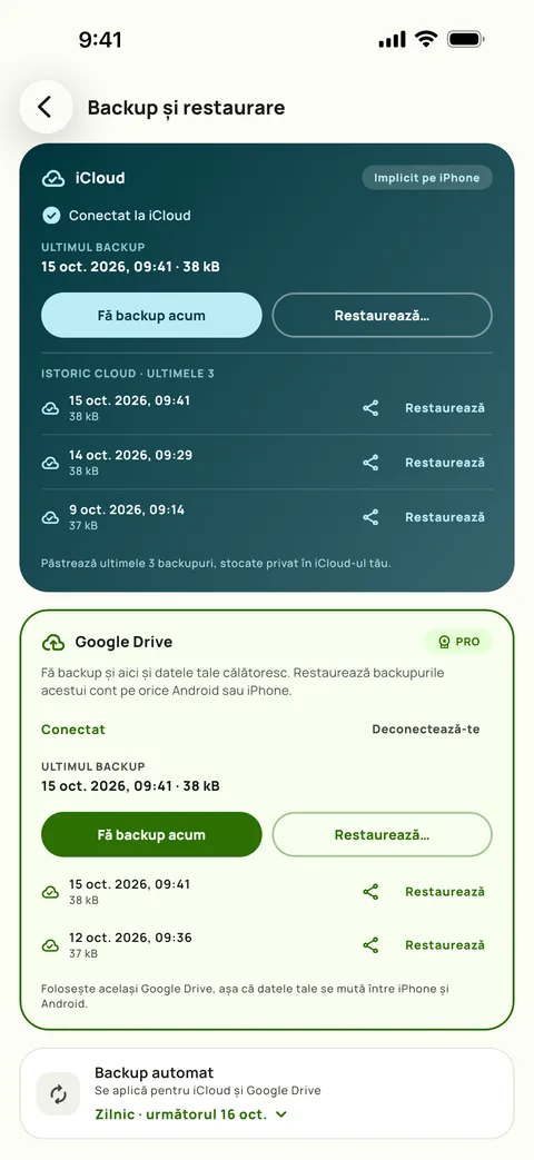 Backup și restaurare în Subby pe iPhone, cu iCloud și Google Drive conectate, ultimele trei backupuri iCloud în listă și backup automat zilnic