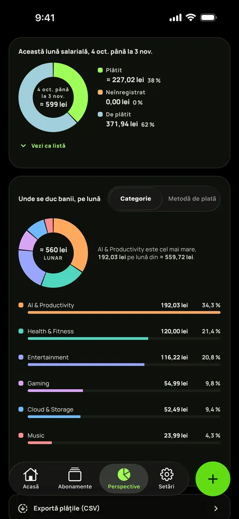 Cheltuielile pe categorii în modul întunecat, plus exportul CSV, pe iPhone