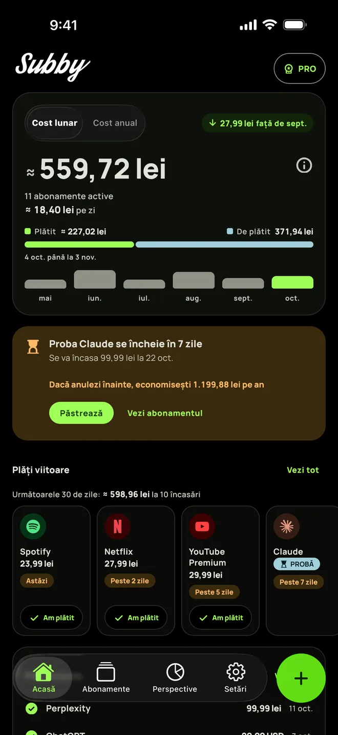 Ecranul Acasă din Subby în tema negru pur, cu costul lunar, cardul unei probe care se termină în șapte zile și plățile următoare, pe iPhone