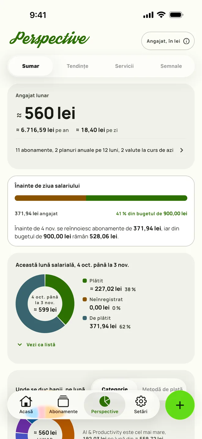 Perspective pe iPhone, deschise pe Sumar, cu suma lunară și cea anuală la care te angajezi și cât a mai rămas din buget până la salariu