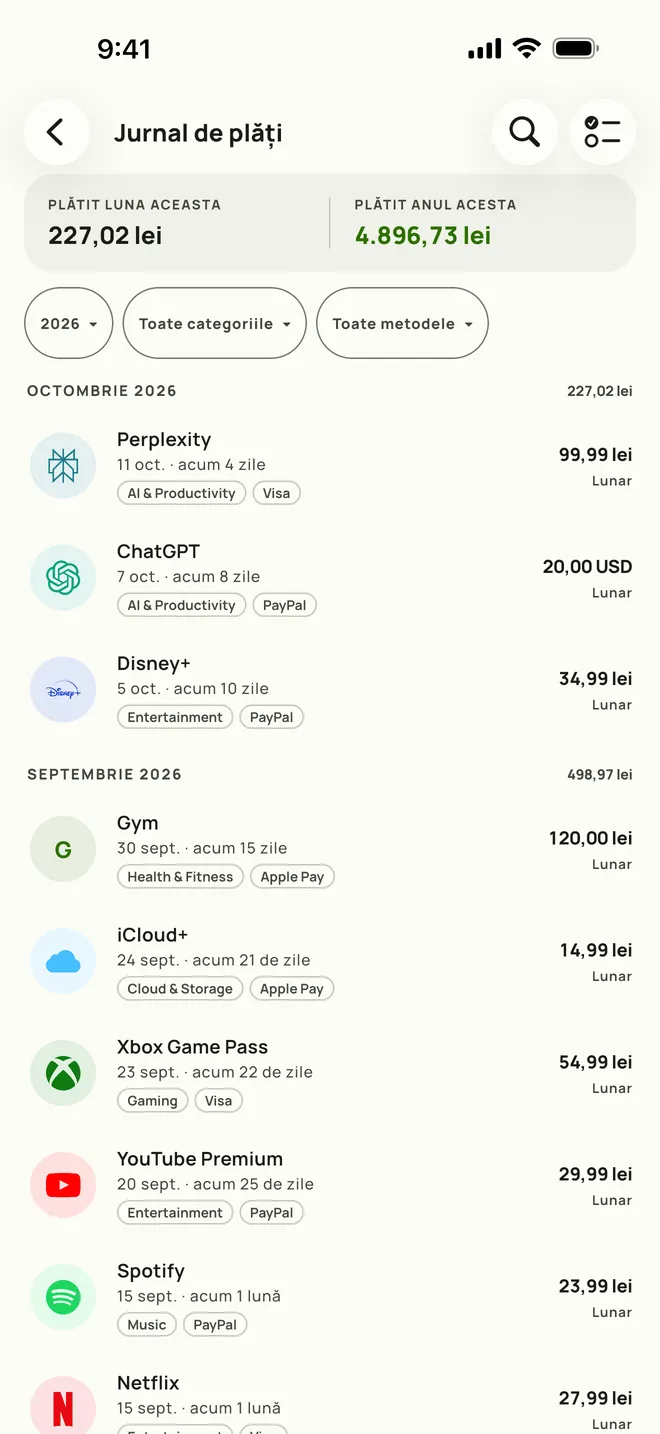 Registrul de plăți din Subby, cu tot istoricul și totaluri lunare, pe iPhone