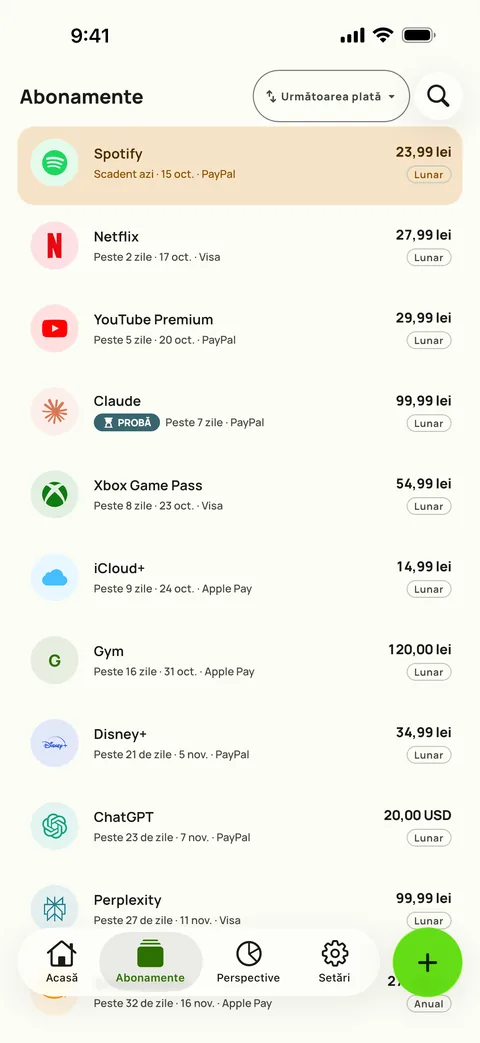 Abonamente în ordinea următoarei plăți, cu preț, ciclu și card, pe iPhone