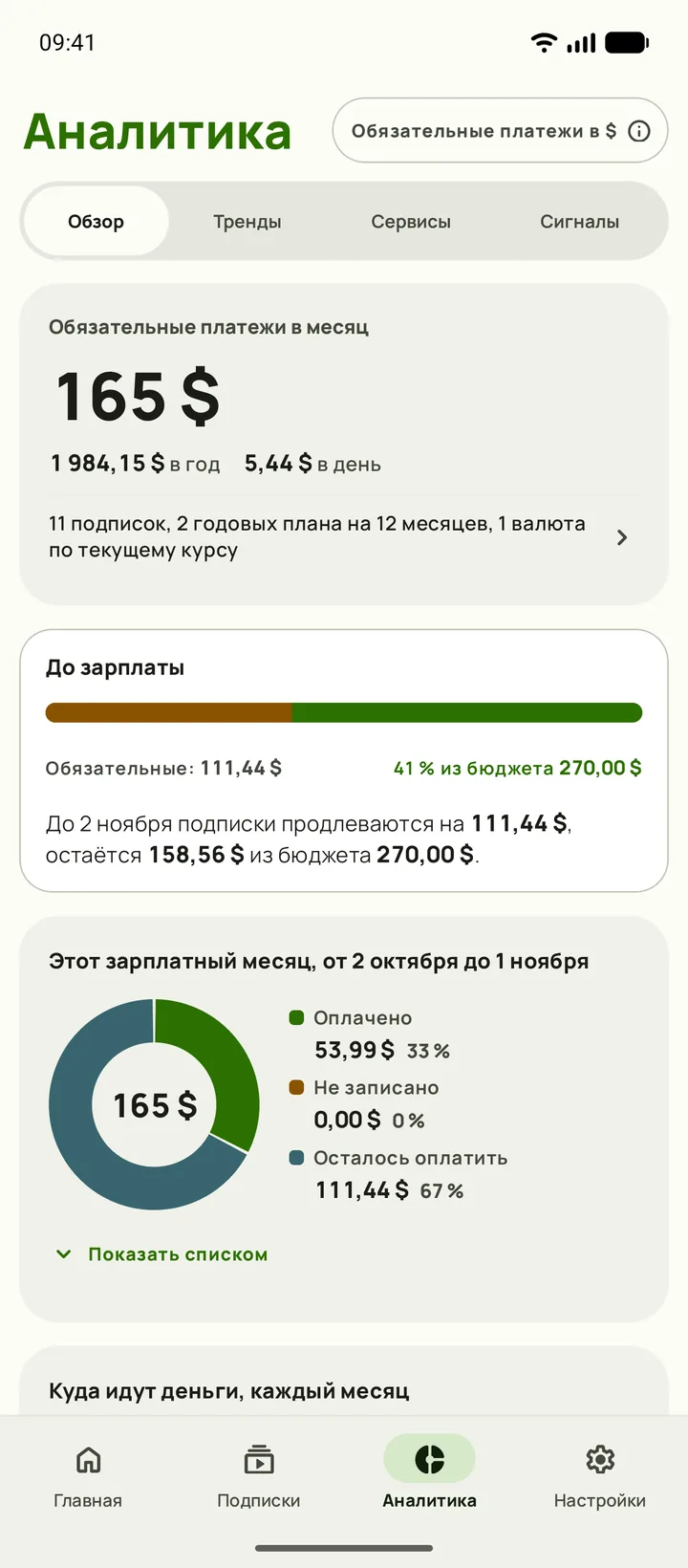 Аналитика с тем, что продляется до зарплаты и остатком бюджета, на Android
