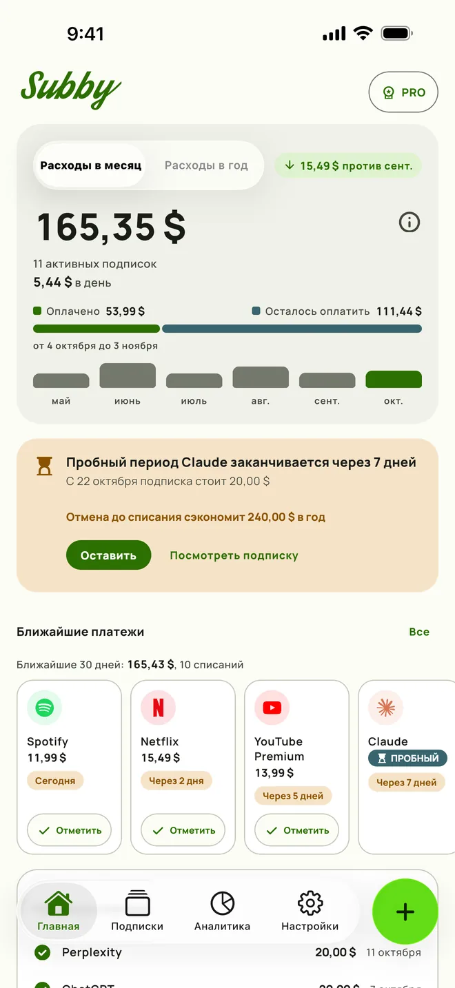 Главная Subby с суммой за месяц, стоимостью в день, оплаченным, остатком и ближайшими платежами, на iPhone