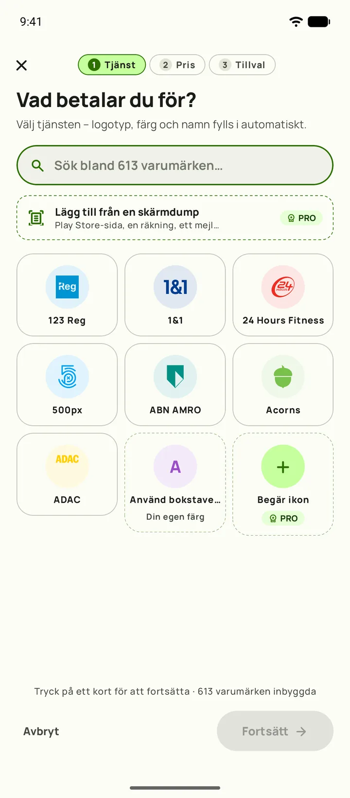 Så lägger du till en prenumeration i Subby, steg ett: välj tjänsten, på Android