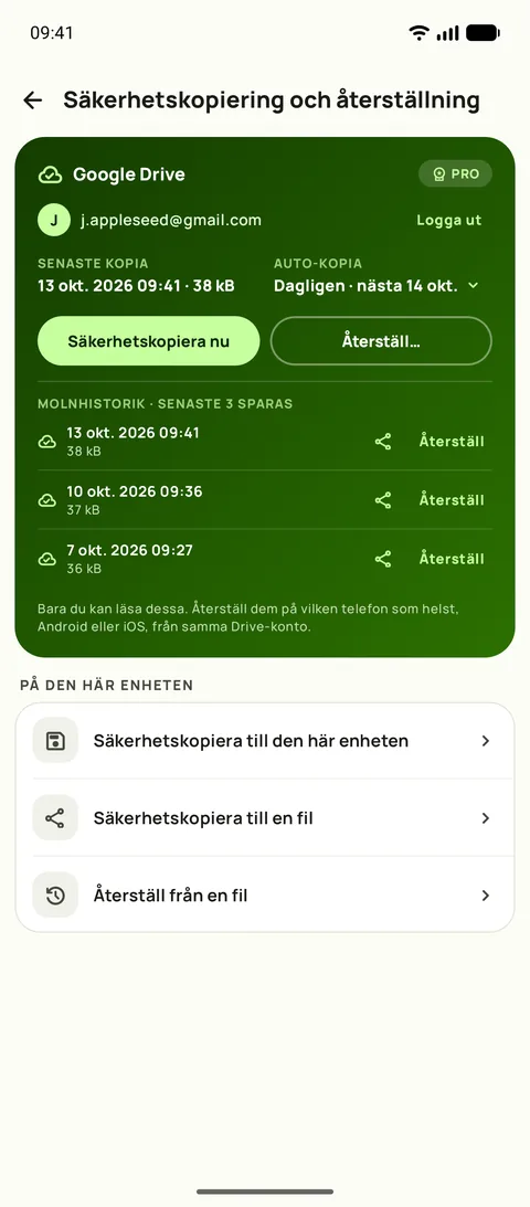 Säkerhetskopia och återställning, med schemat och de tre senaste säkerhetskopiorna, på Android