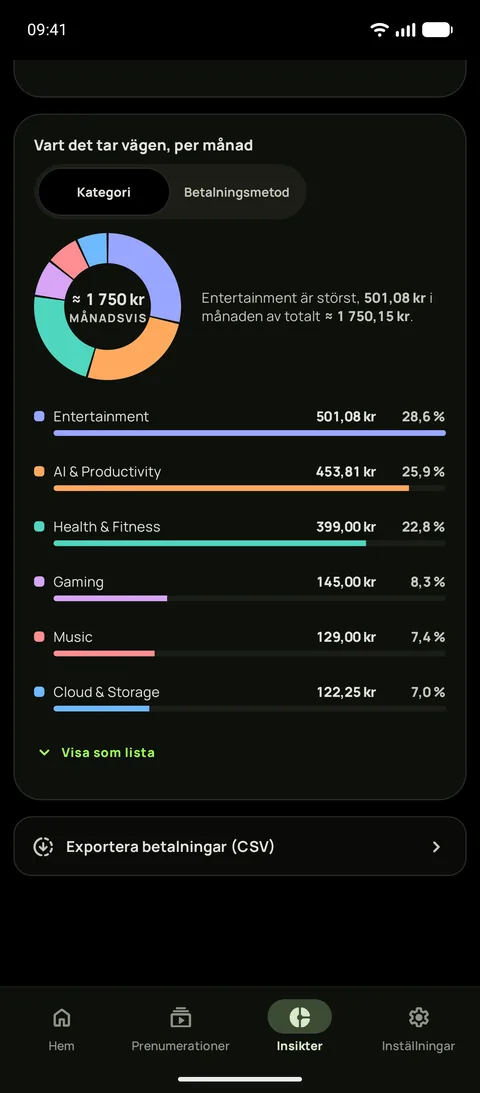 Utgifter per kategori i mörkt läge, och CSV-exporten, på Android