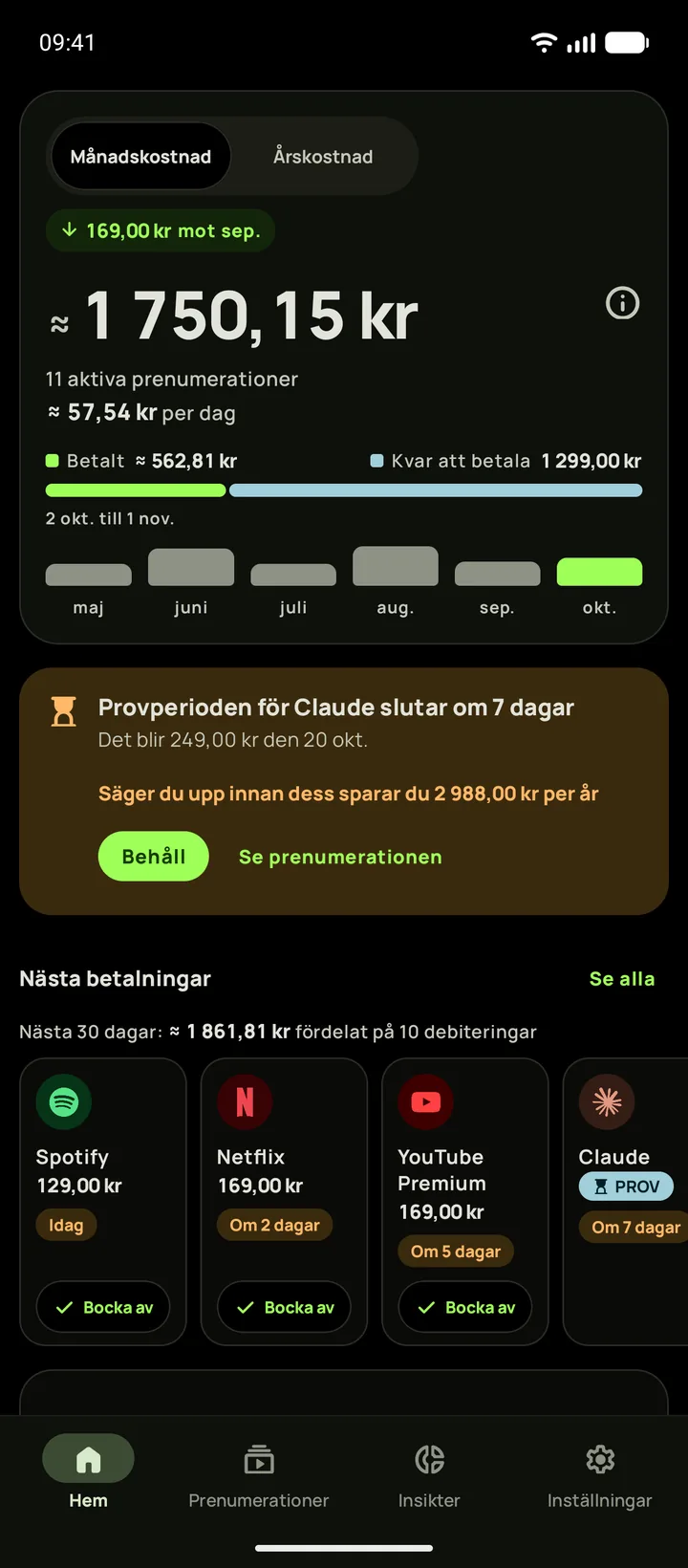 Subby Hem i mörkt läge med månadssumma och nästa betalningar, på Android