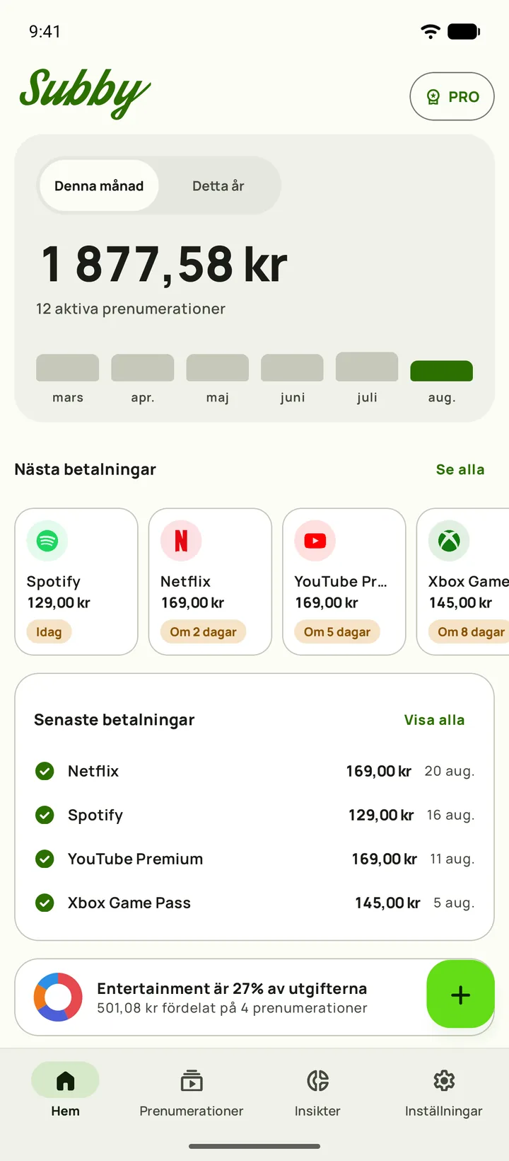 Subby Hem med månadssumma, kostnad per dag, betalt, kvar att betala och nästa betalningar, på Android