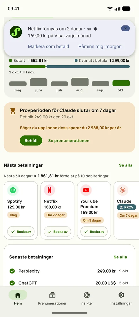 En påminnelse med belopp, kort och betalningscykel, och Markera som betald, på Android