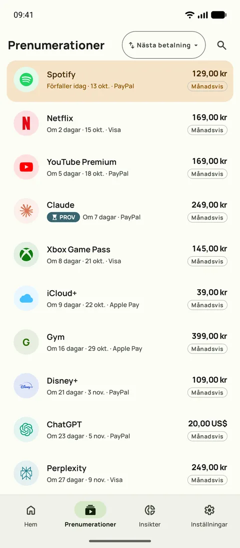 Prenumerationer sorterade efter nästa betalning, med pris, cykel och kort, på Android