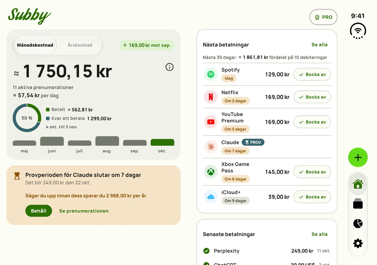 Subby Hem på en öppen iPhone Duo, med summan på ena panelen och betalningarna på den andra