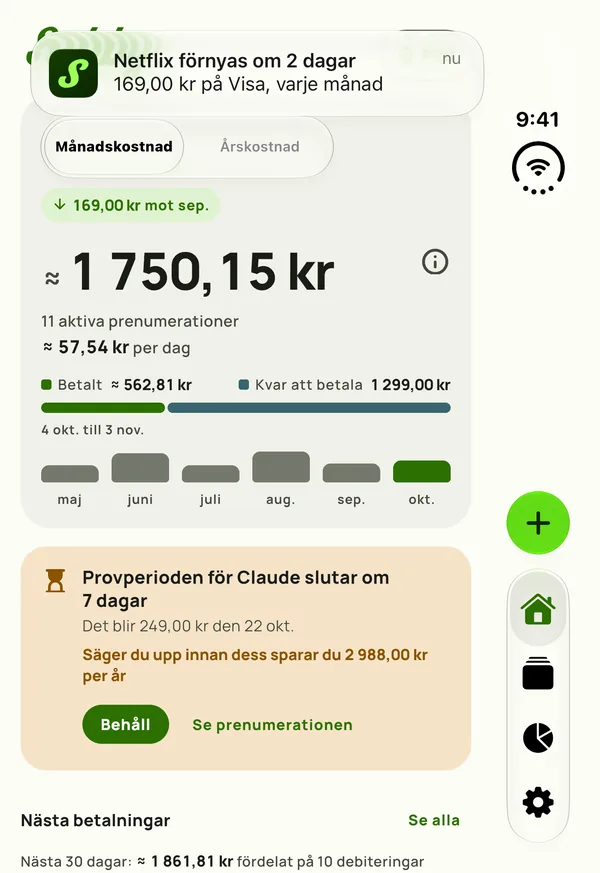 En Subby-påminnelse på den yttre panelen av en stängd iPhone Duo, där det står att Netflix förnyas om 2 dagar, på Visa, varje månad