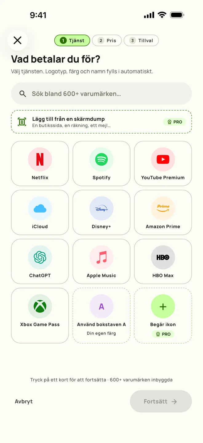 Så lägger du till en prenumeration i Subby, steg ett: välj tjänsten, på iPhone
