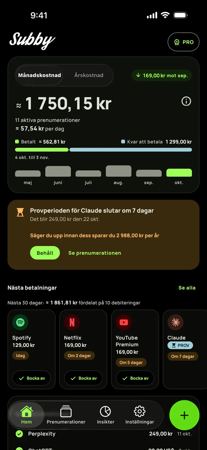 Subby Hem i mörkt läge med månadssumma och nästa betalningar, på iPhone