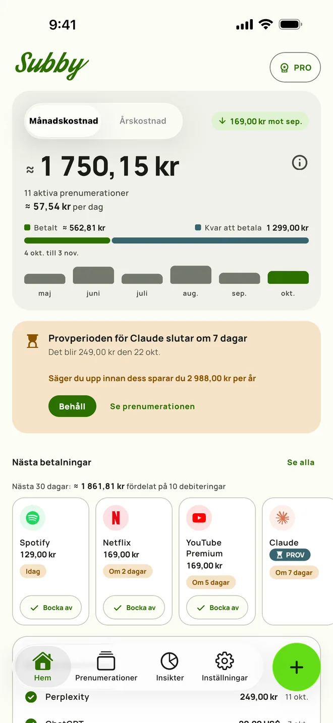 Subby Hem med månadssumma, kostnad per dag, betalt, kvar att betala och nästa betalningar, på iPhone