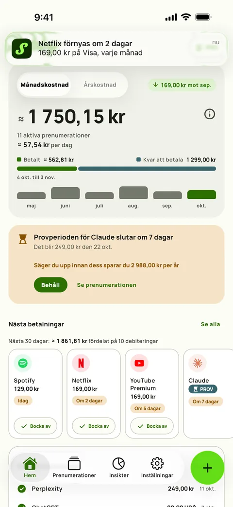 En påminnelse med belopp, kort och betalningscykel, och Markera som betald, på iPhone