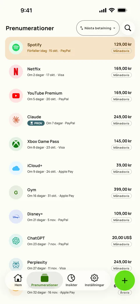 Prenumerationer sorterade efter nästa betalning, med pris, cykel och kort, på iPhone