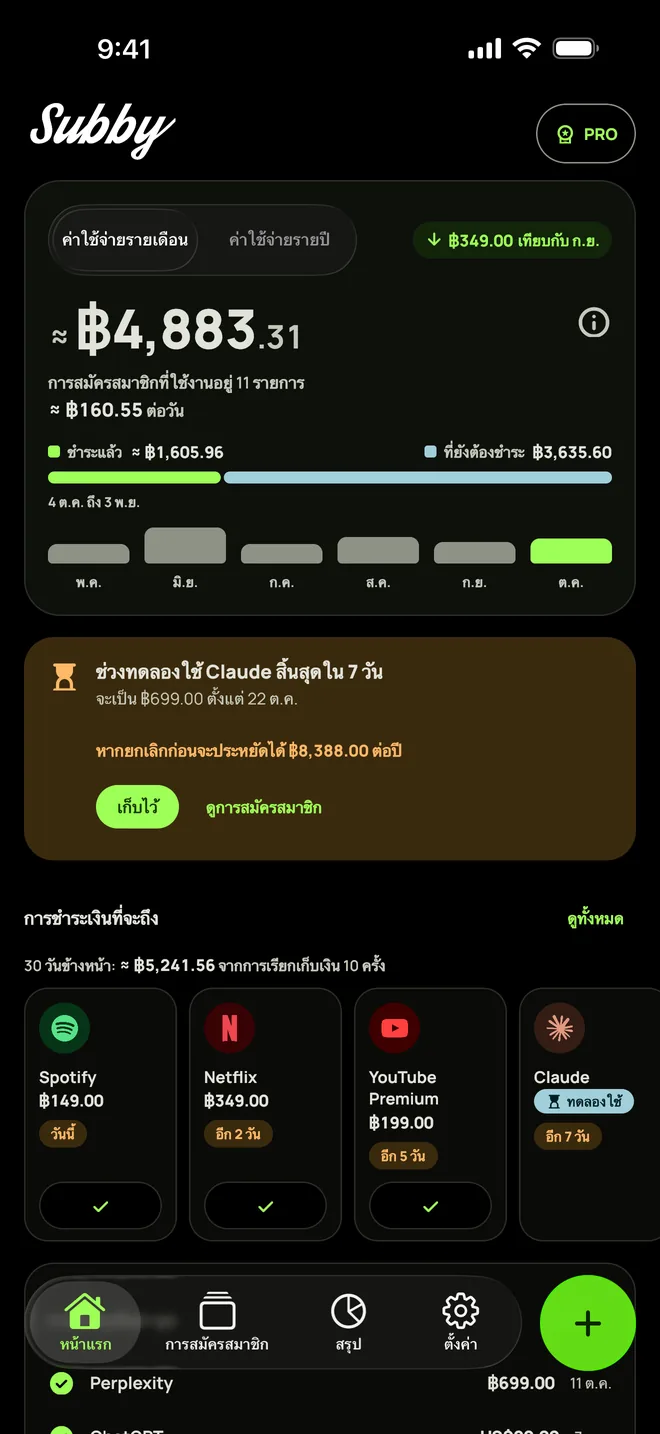 หน้าแรกของ Subby ในโหมดมืด แสดงยอดรวมรายเดือนและการชำระเงินที่จะถึง บน iPhone