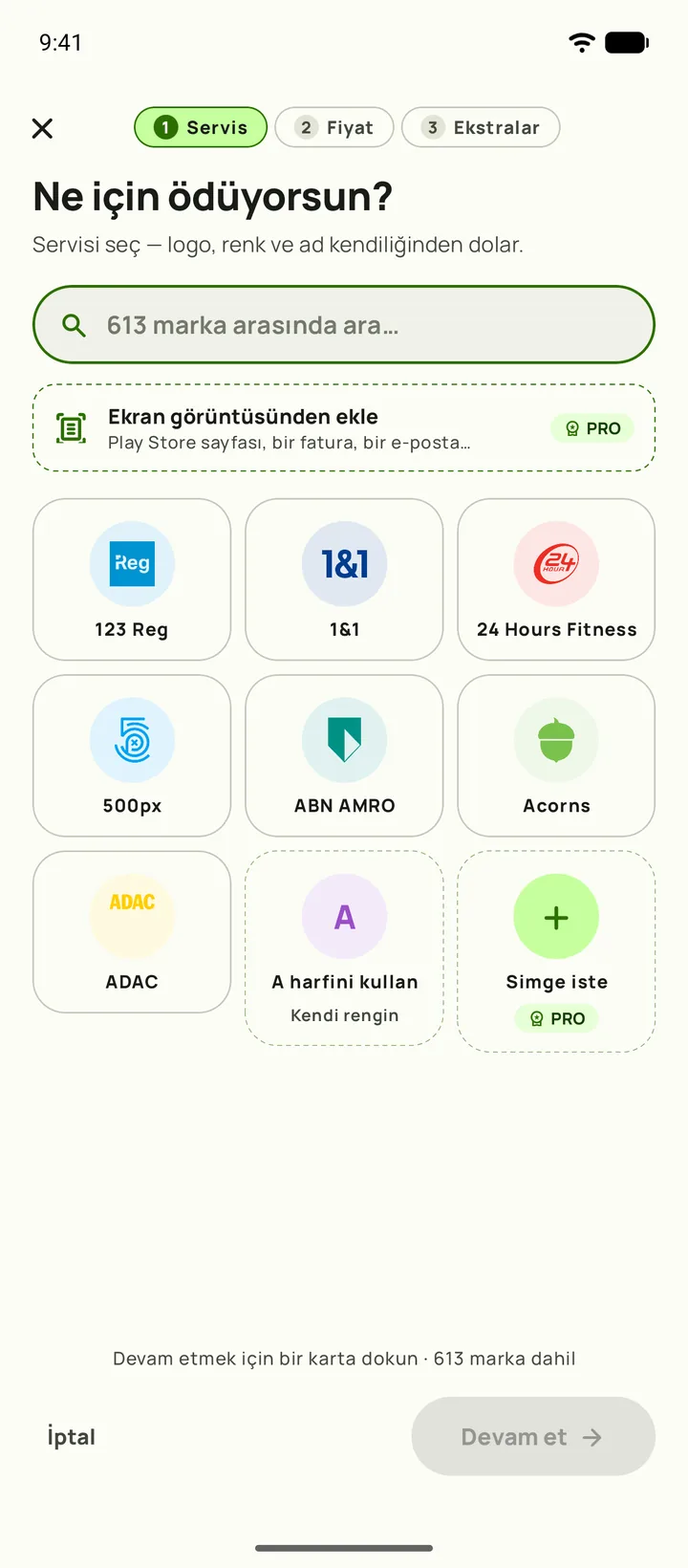 Subby'de abonelik ekleme — birinci adım, hizmeti seç