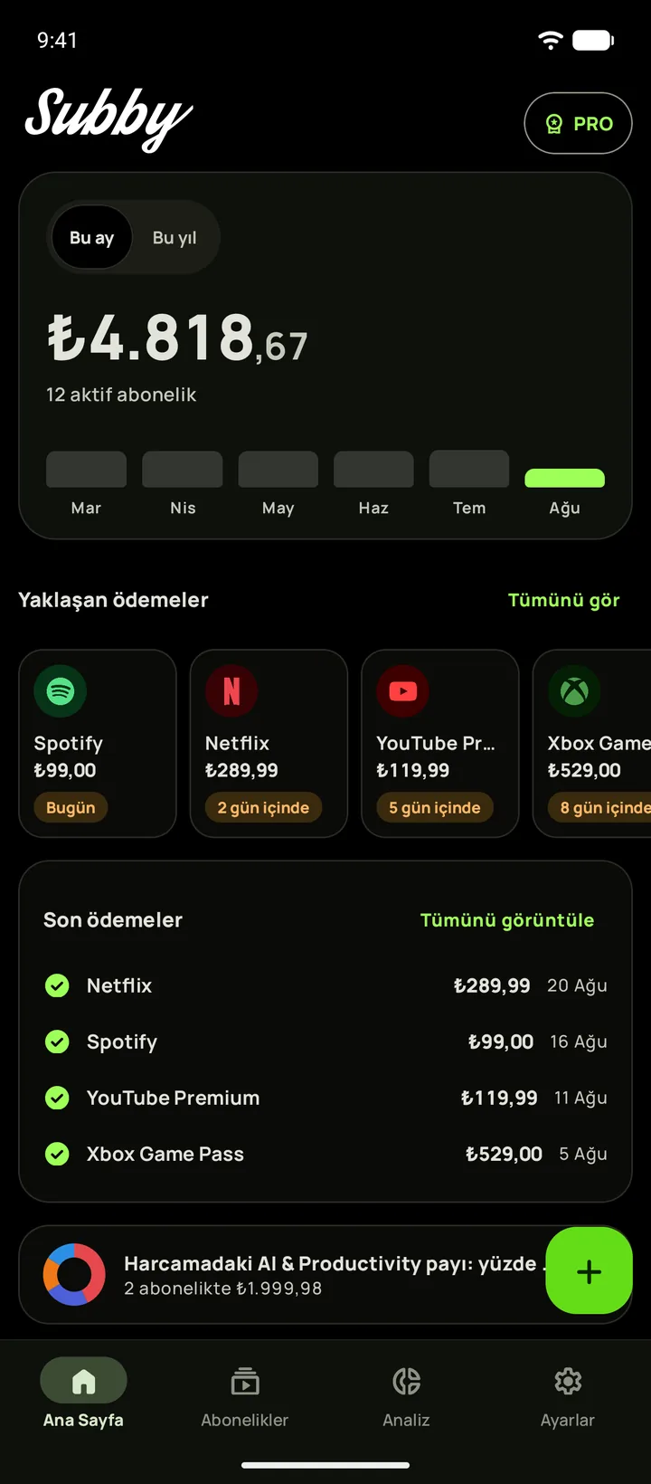 Subby ana ekranı, tam siyah koyu modda