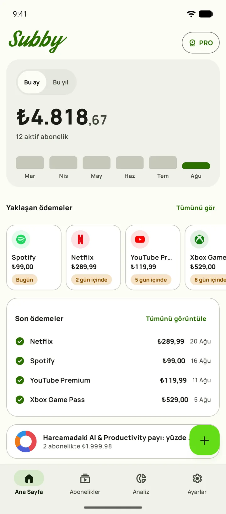 Android'de Subby Ana Sayfa: bu ayın toplamı 165,35 $, günde 5,44 $, ödenen ve ödenecek tutar, bir deneme kartı ve yaklaşan ödemeler