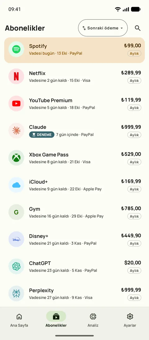 Android'de Subby'nin Abonelikler sekmesi, sonraki ödemeye göre sıralı: bugün çekilecek Spotify, ardından Netflix, YouTube Premium ve bir ücretsiz deneme, her biri fiyatı ve dönemiyle