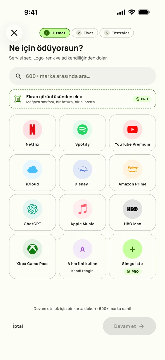 Subby'de abonelik ekleme, birinci adım: hizmeti seç, iPhone üzerinde