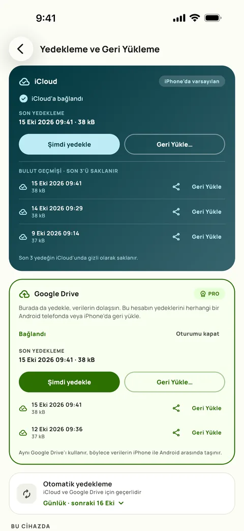 Yedekleme ve geri yükleme: program ve son üç yedek, iPhone üzerinde