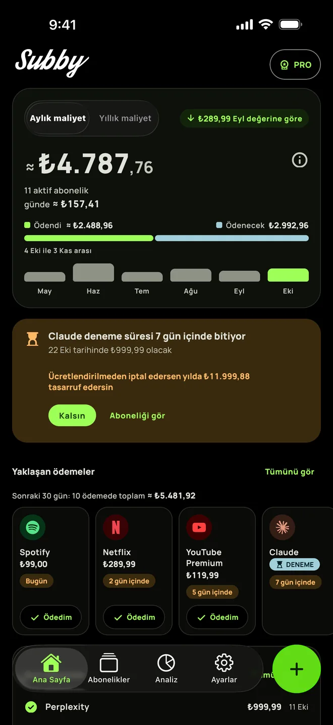Subby Ana Sayfa, tam siyah temada: aylık maliyet, yedi gün içinde biten bir deneme kartı ve yaklaşan ödemeler, iPhone üzerinde