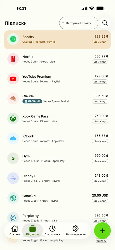Підписки за датою наступного платежу, з ціною, періодом і карткою, на iPhone