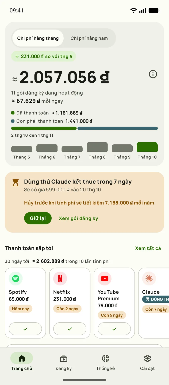 Trang chủ Subby với chi phí hàng tháng, số tiền mỗi ngày, phần đã thanh toán và còn phải thanh toán, một thẻ báo gói dùng thử kết thúc sau bảy ngày, và các khoản thanh toán sắp tới, trên Android