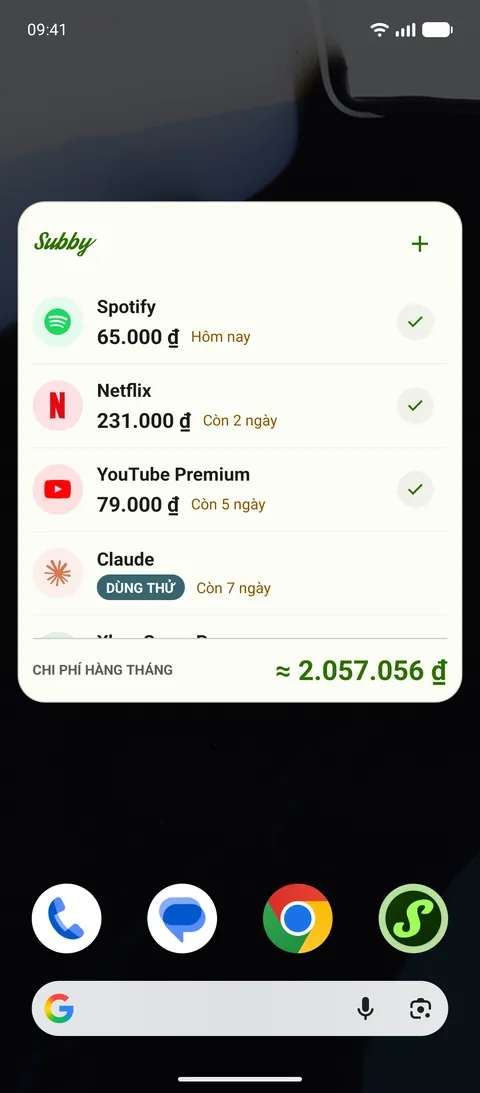 Widget Subby trên màn hình chính Android, liệt kê Spotify, Netflix và YouTube Premium, mỗi dòng có dấu tích, một gói dùng thử gắn nhãn DÙNG THỬ, và chi phí hàng tháng $165.35