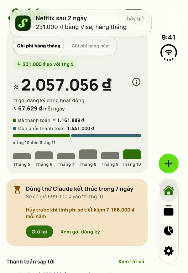 Nhắc nhở của Subby trên bảng ngoài của iPhone Duo đang đóng: Netflix gia hạn sau 2 ngày, $15.49 trên thẻ Visa, hàng tháng