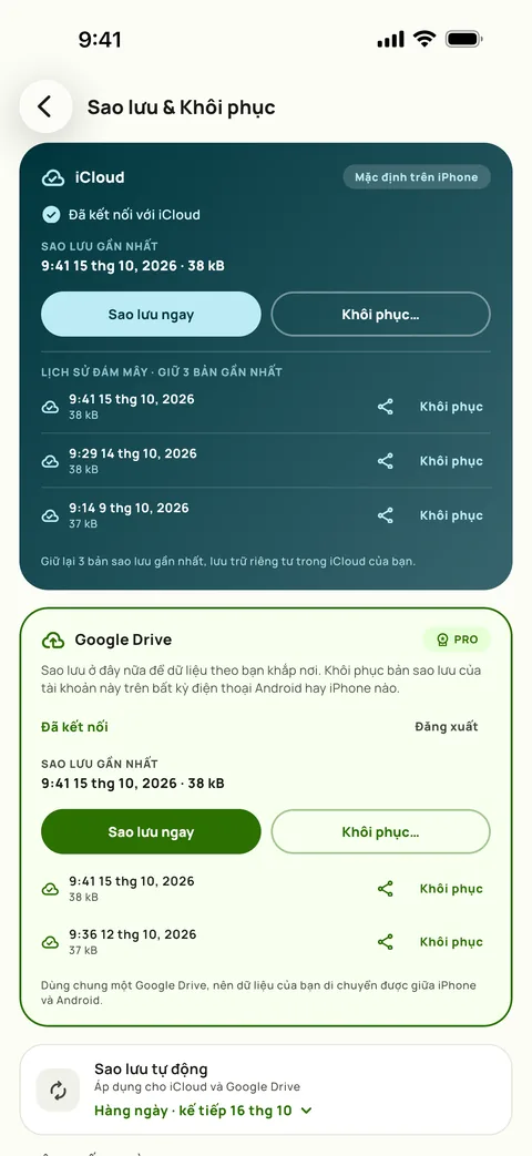Sao lưu và khôi phục, với lịch sao lưu và ba bản sao lưu gần nhất, trên iPhone