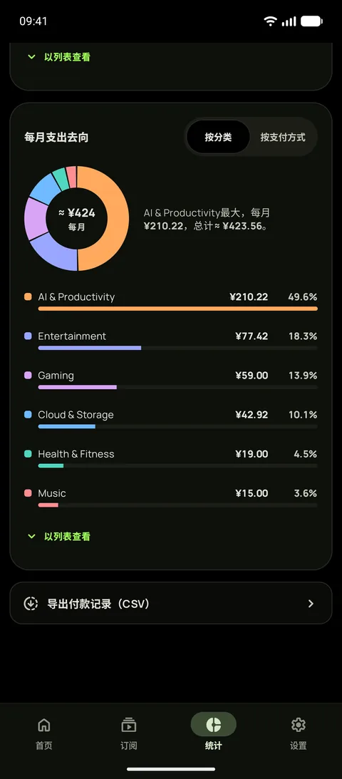 深色模式下按分类拆分的支出,以及CSV导出,在Android上