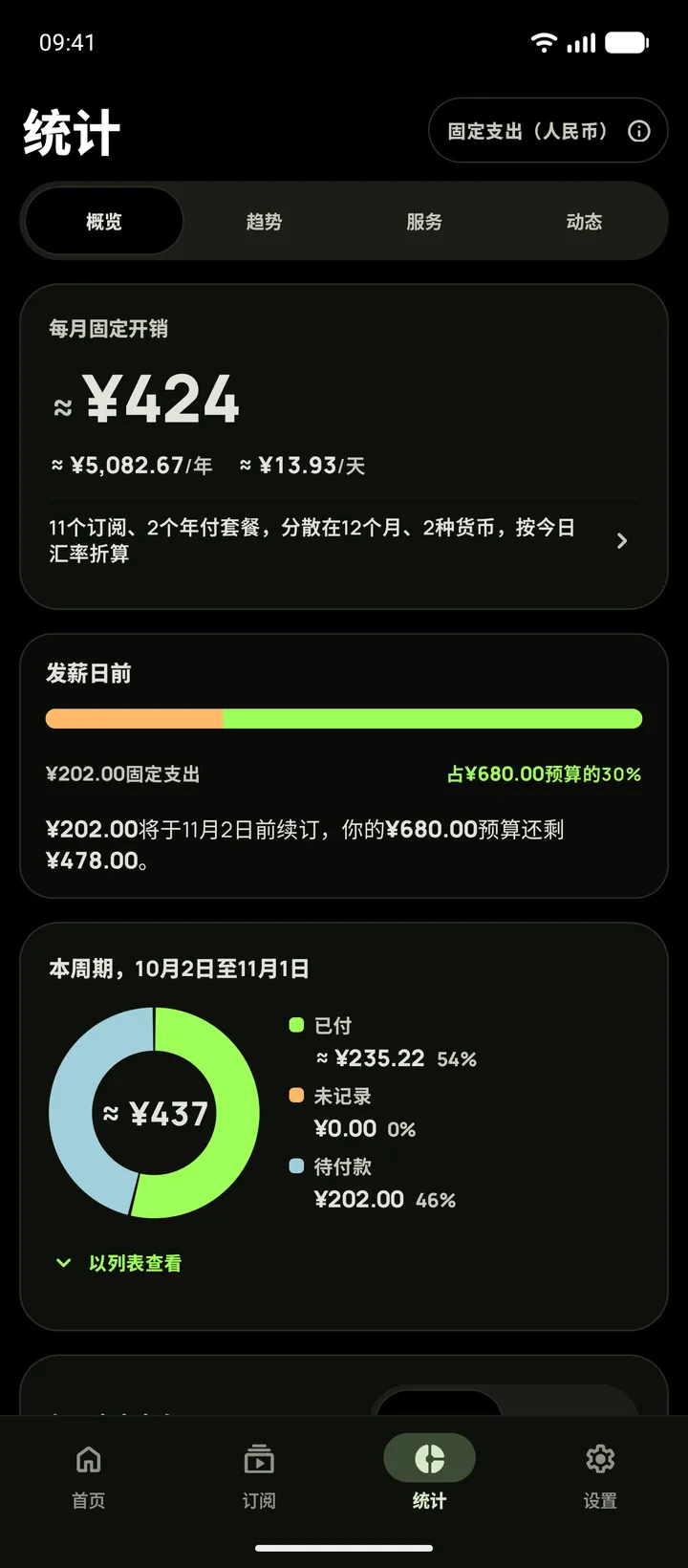 统计深色模式,显示发薪日前的续订,在Android上