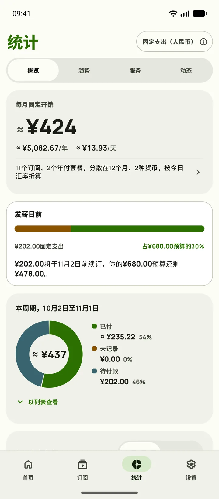 统计显示发薪日前的续订和剩余预算,在Android上