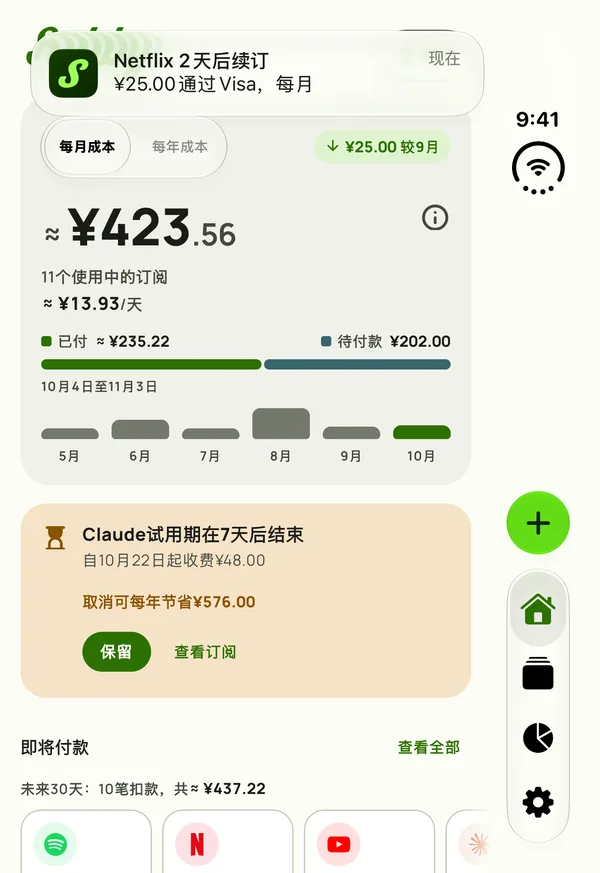 Subby在合上的iPhone Duo外屏上的一条提醒：Netflix 2天后续订，Visa卡扣款$15.49，每月一次