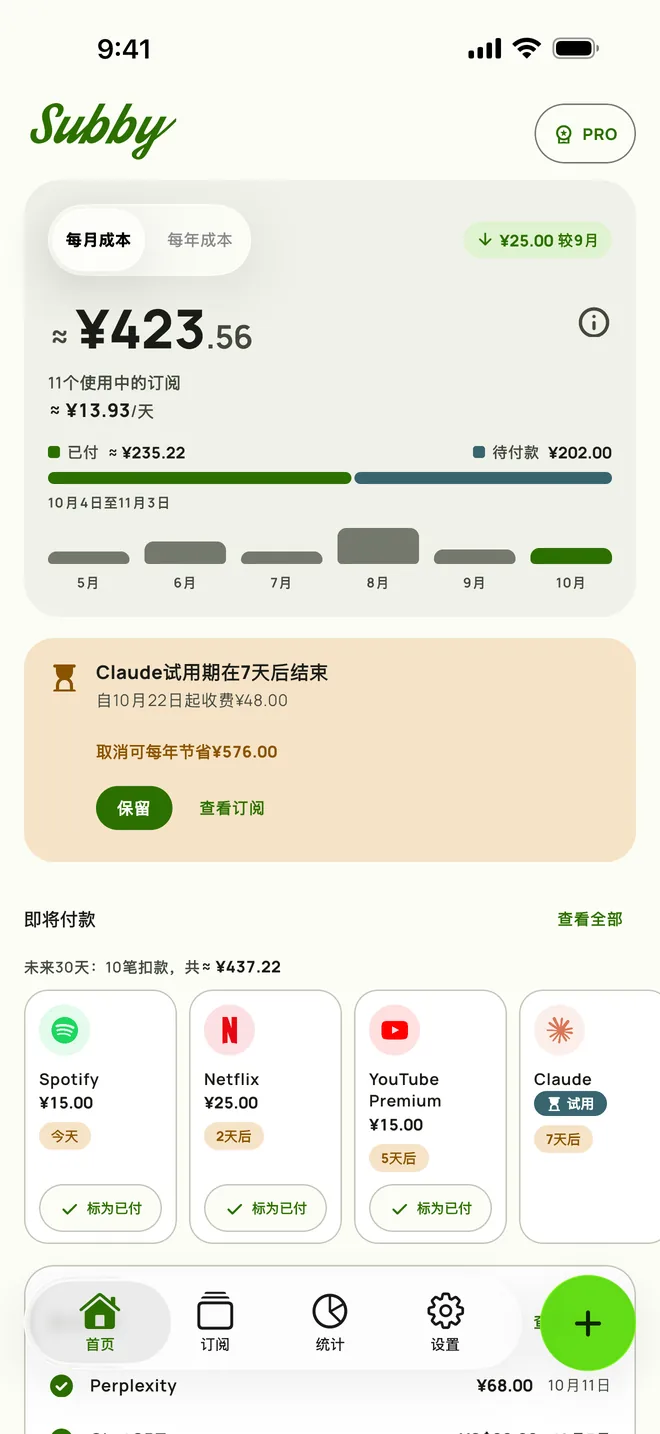 Subby首页,显示月度总额、每日成本、已付款、还需支付和即将付款,在iPhone上