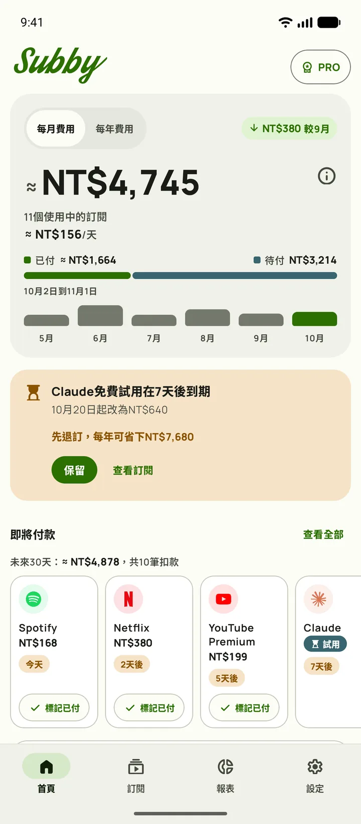 Subby首頁,顯示月度總額、每日平均、已付與待付、一張七天後結束的試用卡片,以及接下來的付款,Android版
