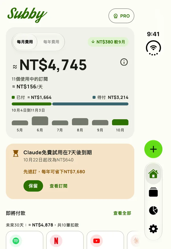 Subby首頁在闔起的iPhone Duo外側面板上,顯示本月花費、已付和待付,以及一張即將結束的試用卡片