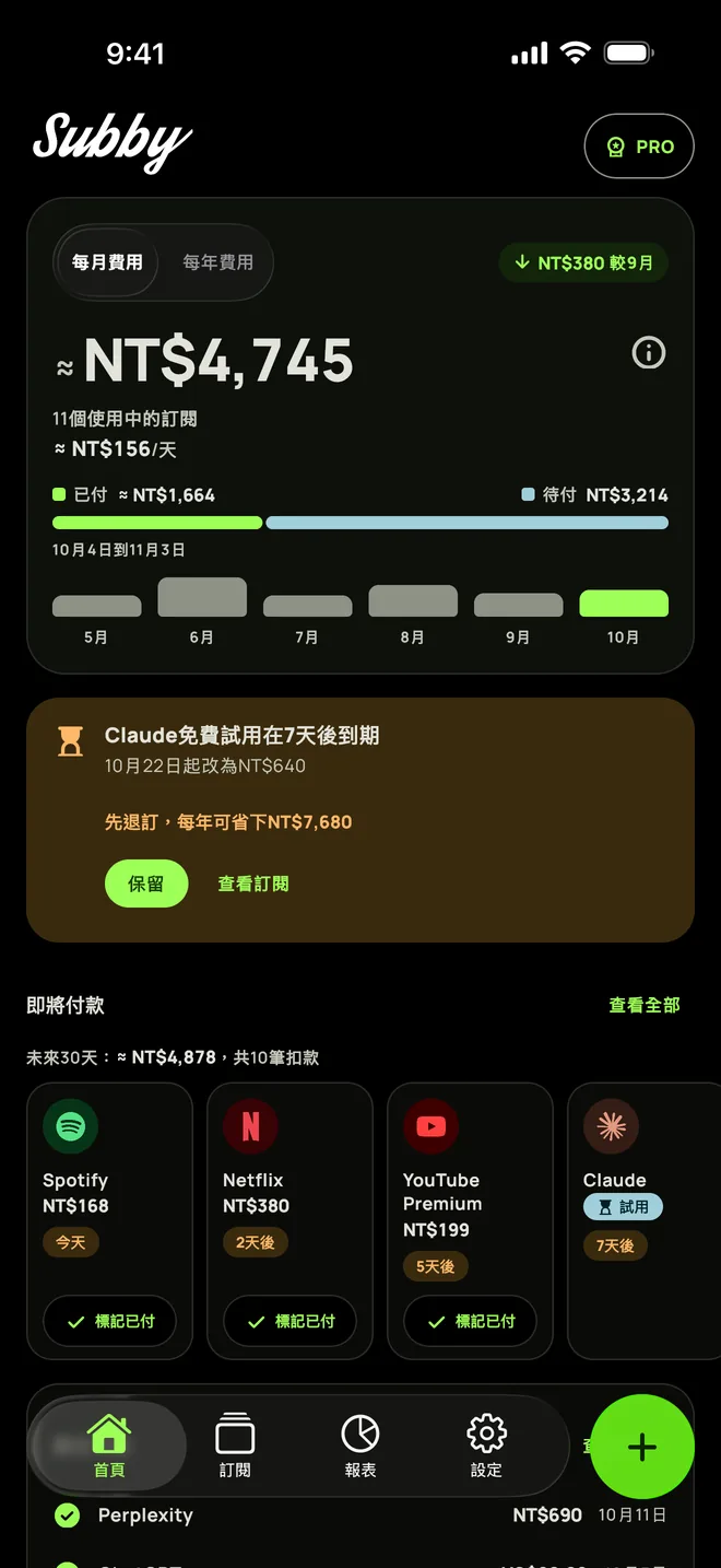 Subby首頁純黑主題,顯示月度總額、一張七天後結束的試用卡片,以及接下來的付款,iPhone版