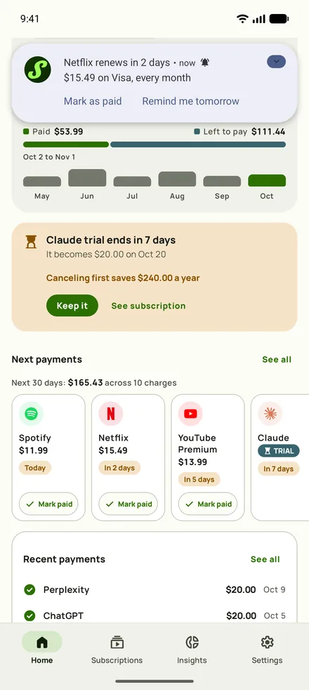 예정된 결제에 대한 Subby 알림